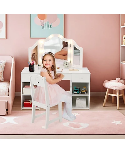 gaomon Kids Vanity Table, Princess Makeup Desk & Chair Set Withtouch Light Detachable Tri-Folding Mirror