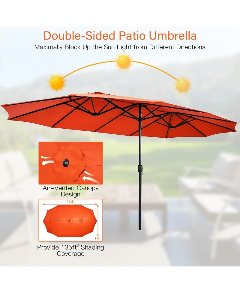 10 Pieces Patio Wicker Dining Set with 15 Feet Double-Sided Umbrella