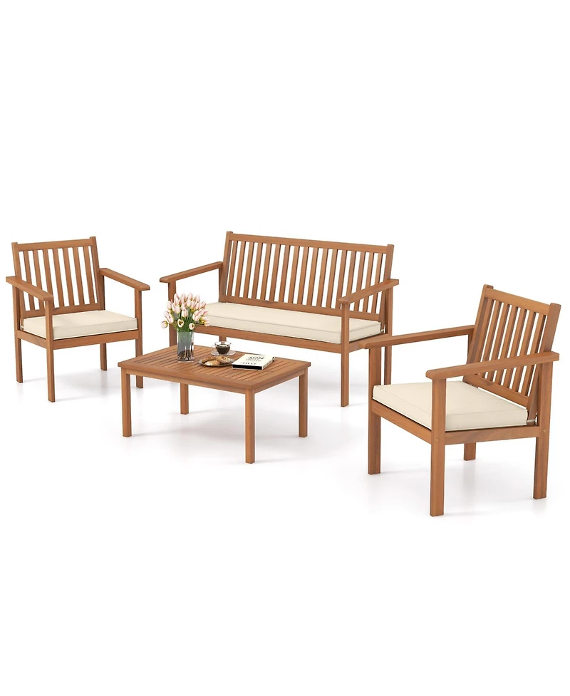 Gouun 4 Piece Patio Wood Furniture Set Acacia Wood Sofa Set with Loveseat-Off