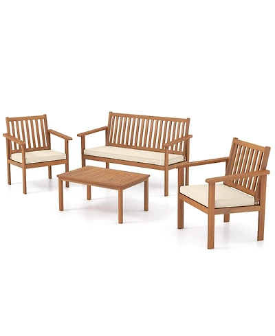 Gouun 4 Piece Patio Wood Furniture Set Acacia Wood Sofa Set with Loveseat-Off