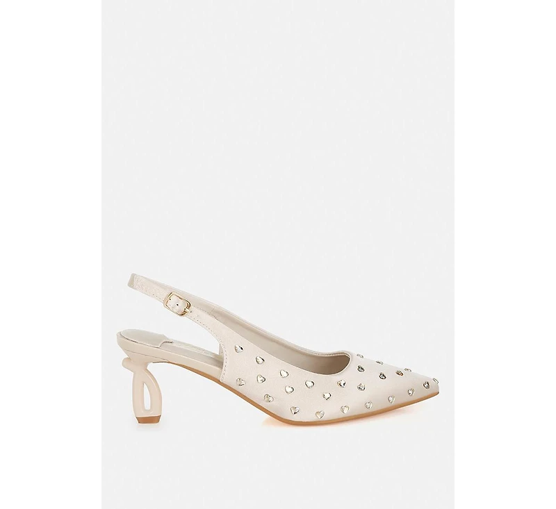 Dasavla Heart-Shaped Rhinestone Studded Slingbacks