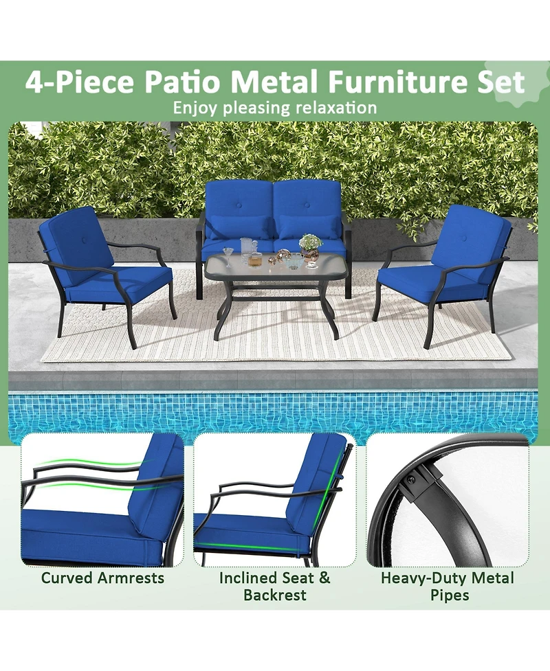 4 Pieces Outdoor Conversation Set with Seat Back Cushions and Waist Pillows