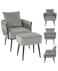 Gouun Modern Dutch Velvet Accent Chair and Ottoman Set with Weaved Back and Arms