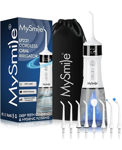 MySmile LP221 Uvc Sterilizable Cordless Water Flosser 335ML Tank Oled Display Dental with 4 Modes 8 Jet Tips & Storage Pouch for Home Travel