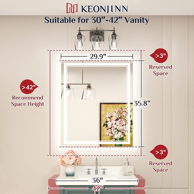 keonjinn 30x36 Led Bathroom Mirror with Frontlit and Backlit