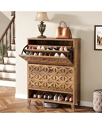 Tribesigns Shoe Cabinet with 2 Flip Drawers, Narrow Shoe Storage Organizer for Entryway, Wood Shoe Rack Cabinet with Wooden Legs Adjustable Shelves