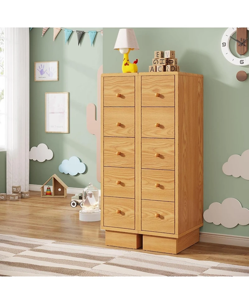 Tribesigns 5-Drawer Narrow Dresser Set of 2, Skinny Dresser Chest of Drawers, Slim Storage Drawers Organizer for Small Spaces, Bathroom, Closet, Oak