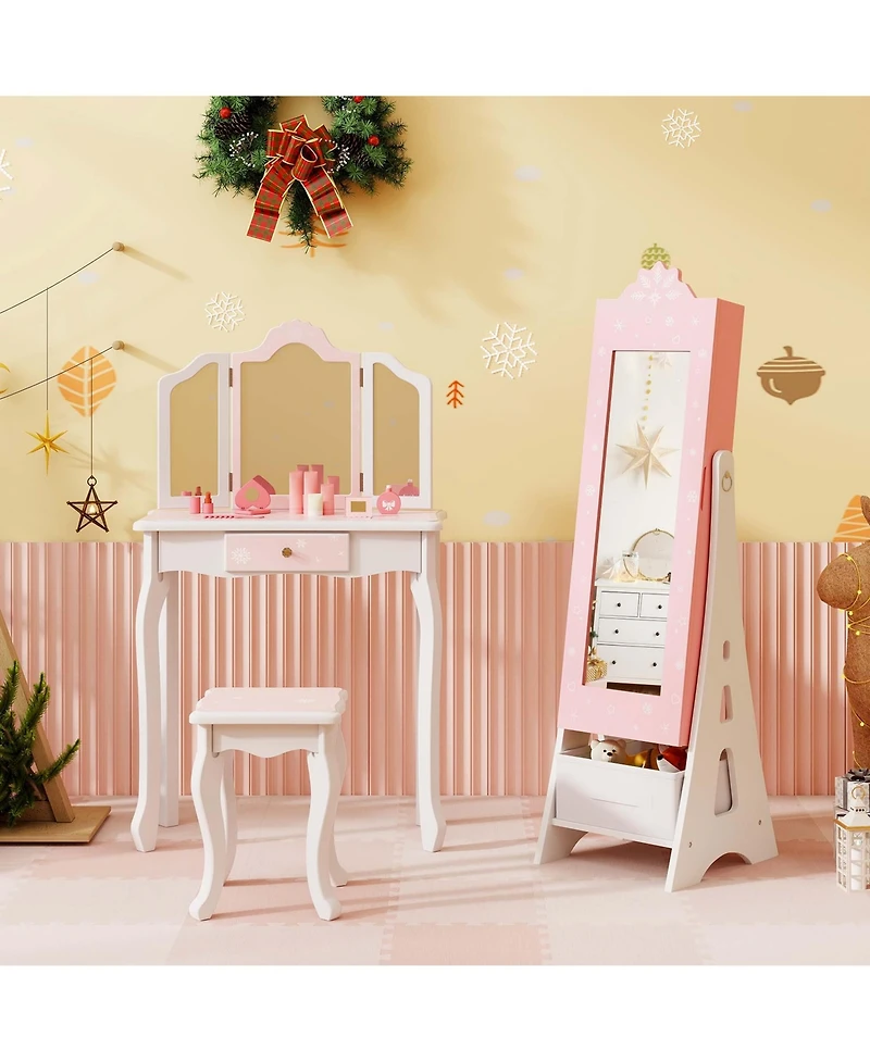 Costway Kids Vanity Set Princess Makeup Dressing Table & Chair with Jewelry Armoire
