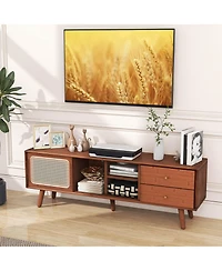 Bamboo Tv Stand Console Table with Pe Rattan Door & 2 Drawers for up to 65''