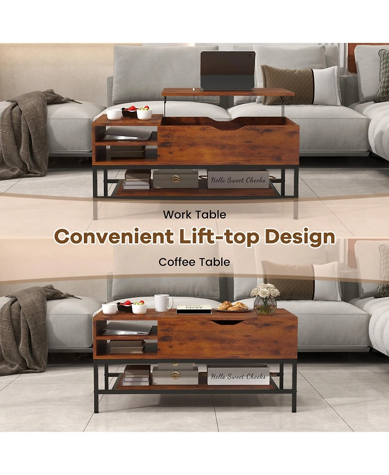 Gouun Lift Top Table with Hidden Compartment and Removable Storage Shelf