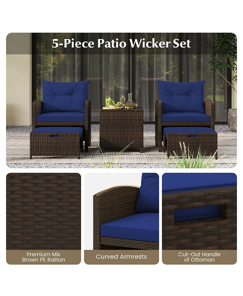 Gouun 5 Pieces Patio Rattan Furniture with 2 Ottomans and Tempered Glass Table