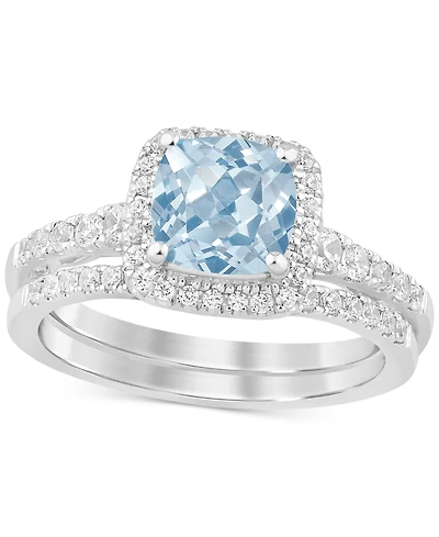 Aquamarine (1-1/4 ct. t.w.) & Diamond (1/2 Cushion Halo Bridal Set 14k White Gold