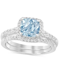 Aquamarine (1-1/4 ct. t.w.) & Diamond (1/2 Cushion Halo Bridal Set 14k White Gold