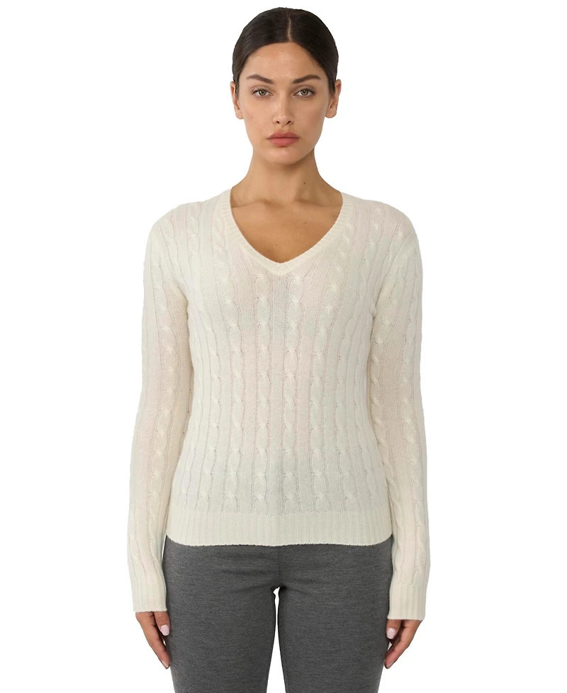 Jennie Liu Women's 100% Cashmere Cable-knit Long Sleeve Pullover V Neck Sweater