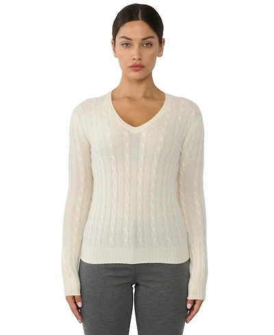 Jennie Liu Women's 100% Cashmere Cable-knit Long Sleeve Pullover V Neck Sweater