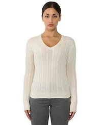 Jennie Liu Women's 100% Cashmere Cable-knit Long Sleeve Pullover V Neck Sweater
