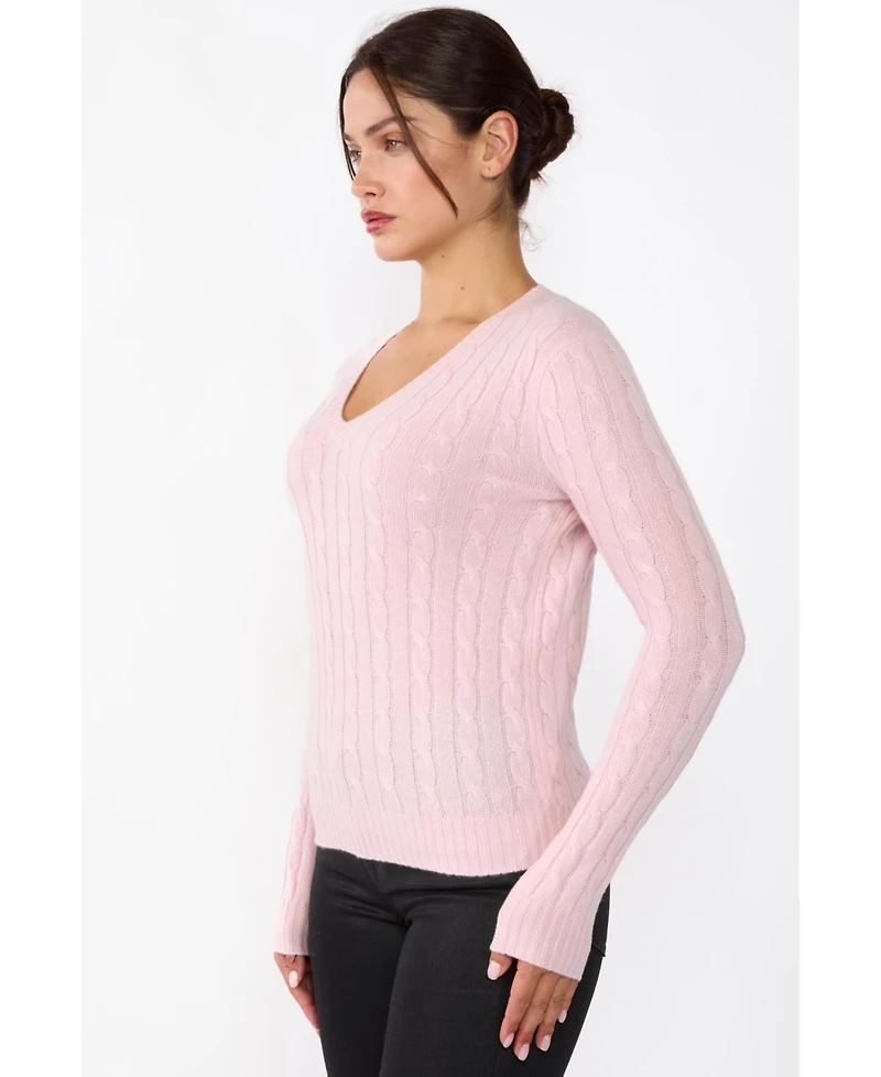 Jennie Liu Women's 100% Cashmere Cable-knit Long Sleeve Pullover V Neck Sweater