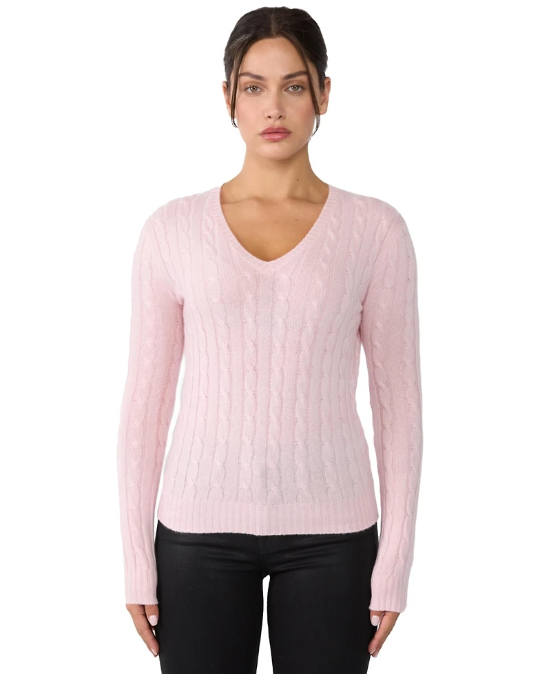 Jennie Liu Women's 100% Cashmere Cable-knit Long Sleeve Pullover V Neck Sweater