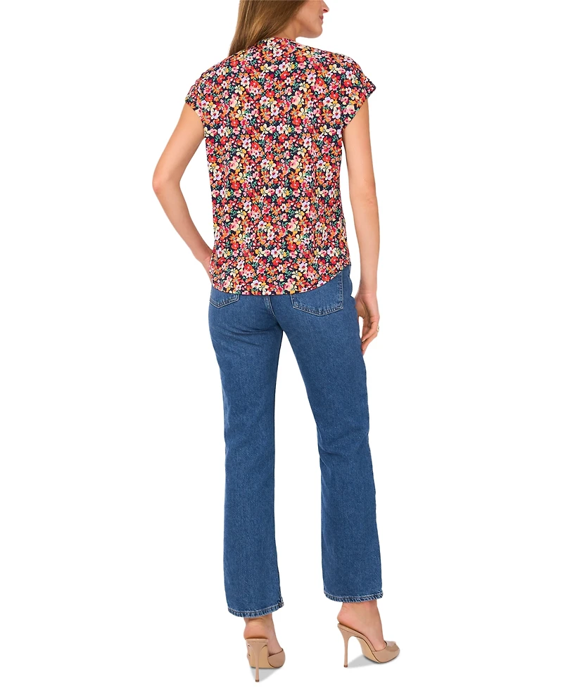 Vince Camuto Women's Floral-Print Split-Neck Cap-Sleeve Top