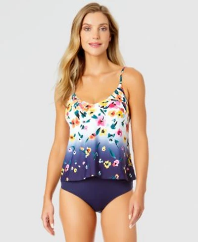 Anne Cole Womens Floral Ombre V Neck Tankini Top High Waist Bikini Bottoms