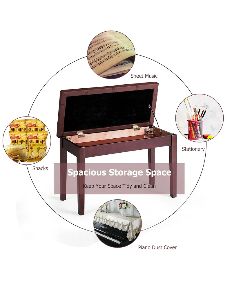 Gymax Pu Leather Piano Keyboard Bench Padded Cushion Double Seat Storage