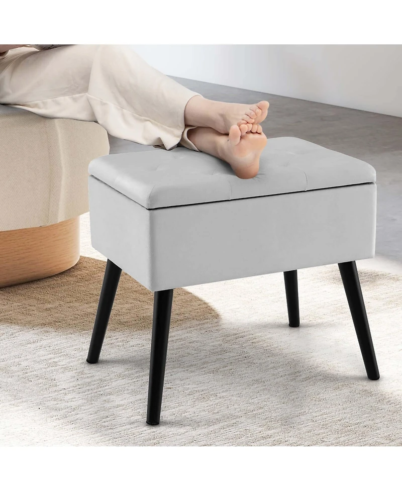 Velvet Vanity Stool Ottoman with Storage Solid Wood Legs Flip-Up Top for Entryway