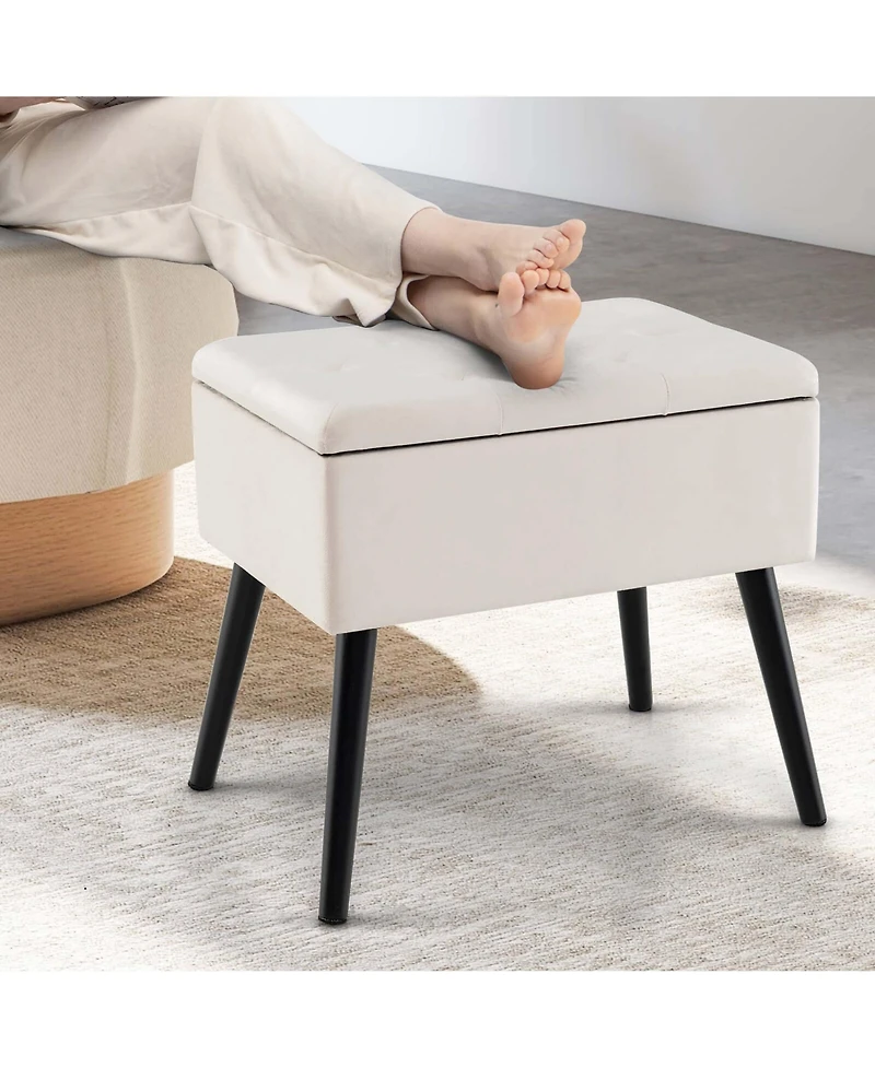 Velvet Vanity Stool Ottoman with Storage Solid Wood Legs Flip-Up Top for Entryway