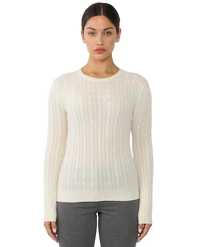 Jennie Liu Women's 100% Cashmere Cable-knit Long Sleeve Pullover Crew Neck Sweater