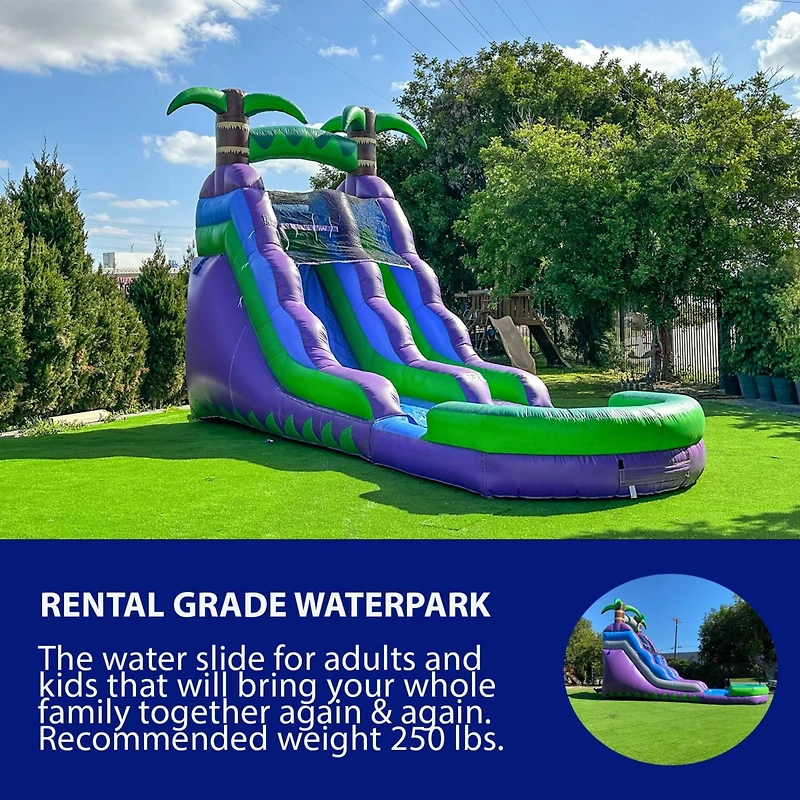 HeroKiddo 16 Purple Tropical Inflatable Water Slide with Attached Pool (No Blower Included), Commercial Grade, Wet Dry Use