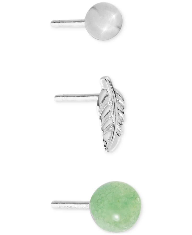 3-Pc. Set Green Aventurine, Polished Sphere & Feather Stud Earrings in Sterling Silver