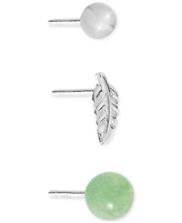 3-Pc. Set Green Aventurine, Polished Sphere & Feather Stud Earrings in Sterling Silver