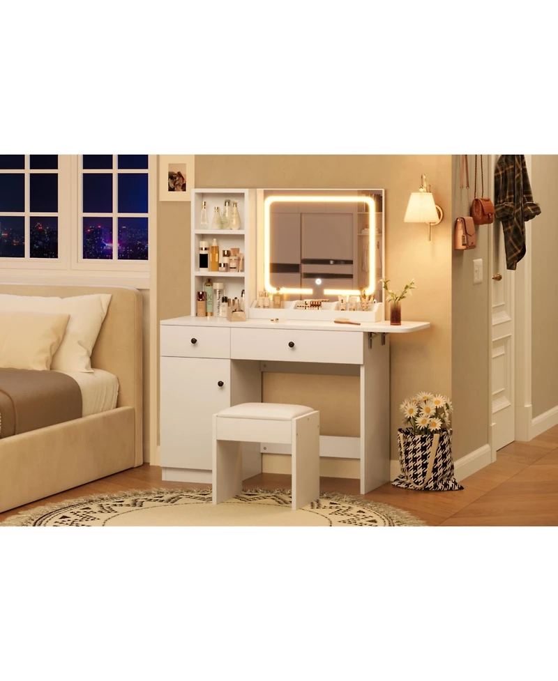gaomon Vanity Desk with Led Lighted Mirror & Power Outlet, Makeup Vanity with Drawers & Cabinet & Chair