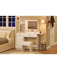 gaomon Vanity Desk with Led Lighted Mirror & Power Outlet, Makeup Vanity with Drawers & Cabinet & Chair