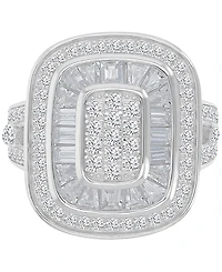 Cubic Zirconia Round & Baguette Halo Cluster Statement Ring Sterling Silver