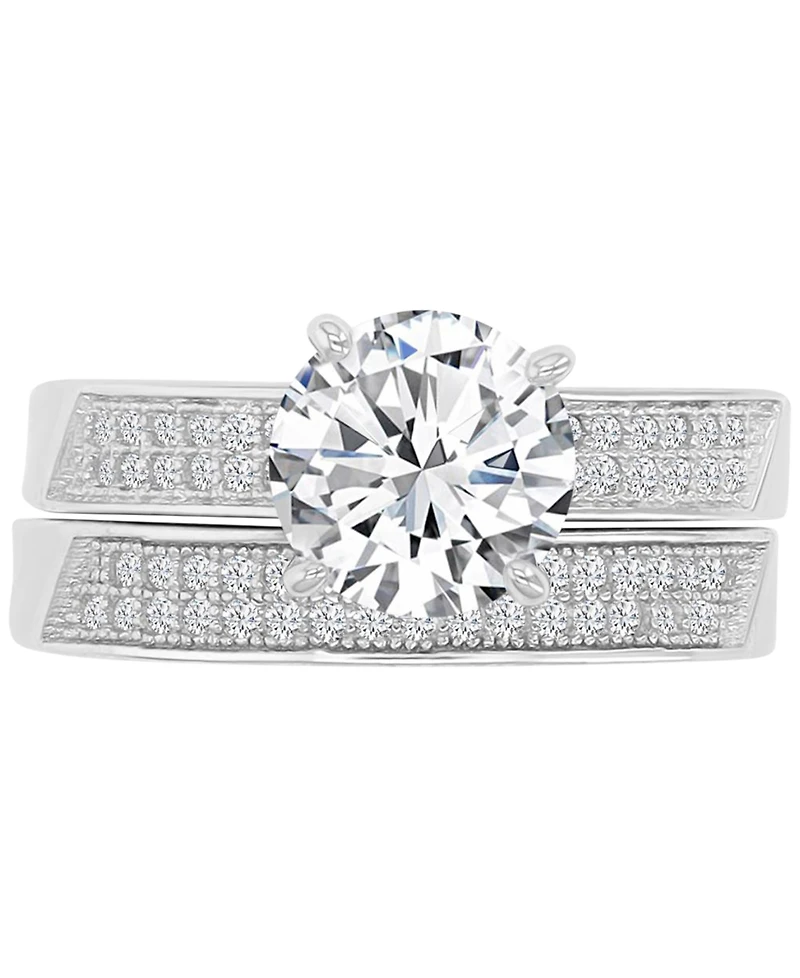 Cubic Zirconia Solitaire & Pave Milgrain Bead Bridal Set Sterling Silver