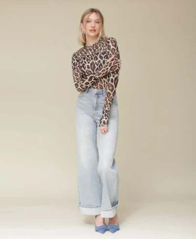 Avec Les Filles Womens Leopard Printed Long Sleeve Mesh Top Cuffed High Rise Wide Leg Jeans