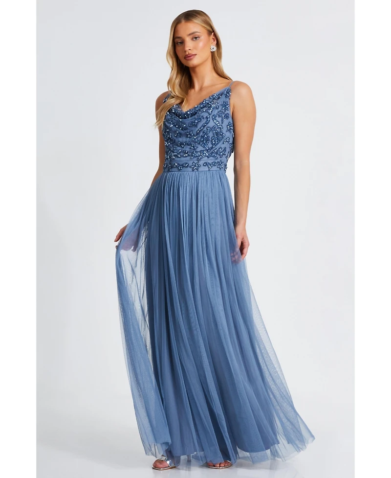 Quiz Women's Cowl Neck Mesh Skirt Maxi Dress