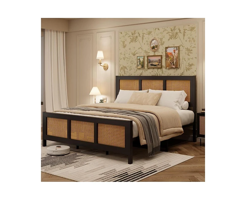 gaomon King Size Rattan Bed Frame with Headboard, Black Boho Cane Platform Bed Frame with Strong Metal Slat, Noise Free