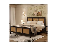 gaomon King Size Rattan Bed Frame with Headboard, Black Boho Cane Platform Bed Frame with Strong Metal Slat, Noise Free