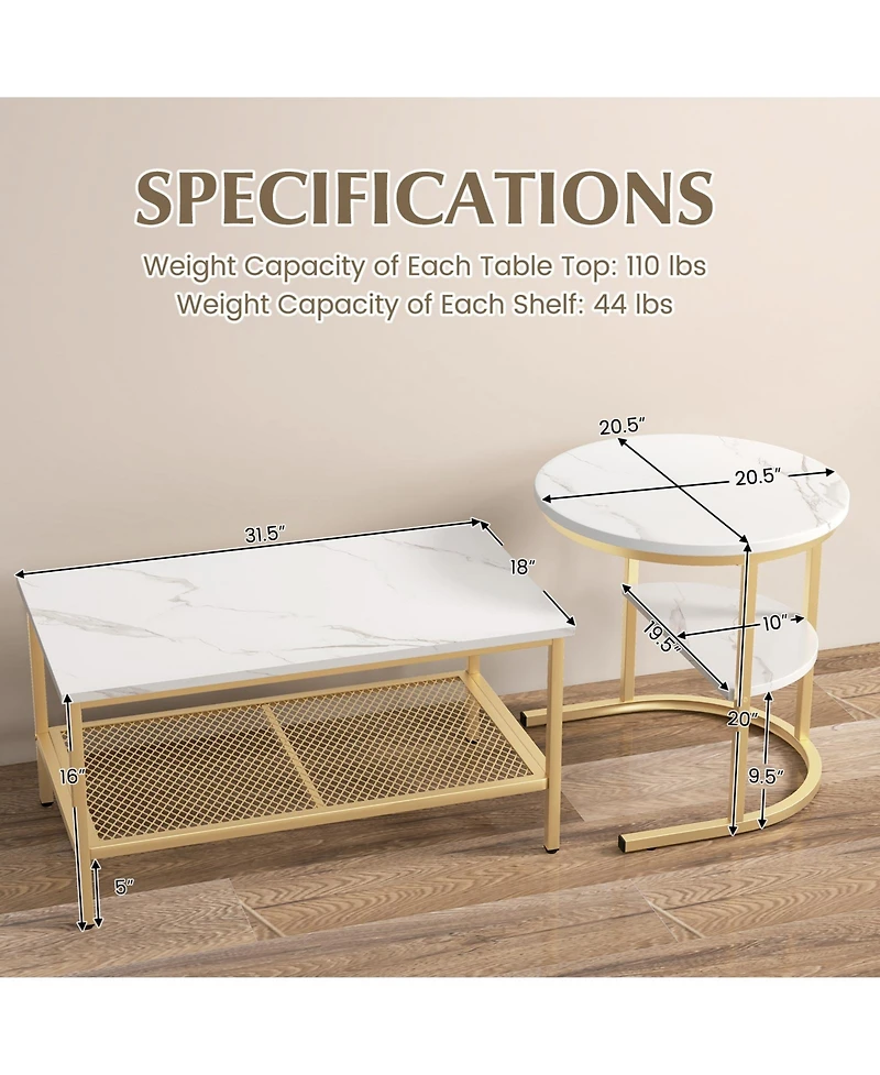 Gouun Set of 2 Nesting Table with Extra Storage Shelf for Living Room