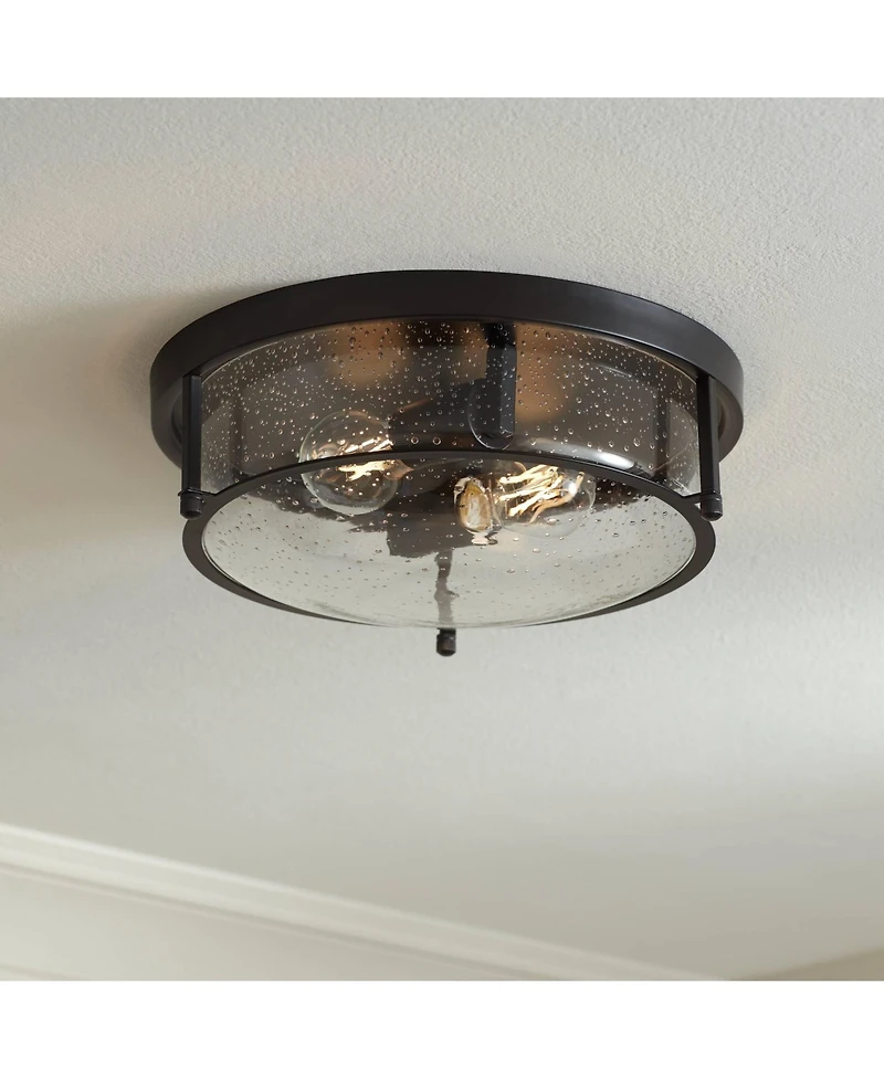 Franklin Iron Works Midnight 13" Modern Flush-Mount Ceiling Light Fixture Kitchen Foyer Hallway Round 2-Light Black Seeded Glass