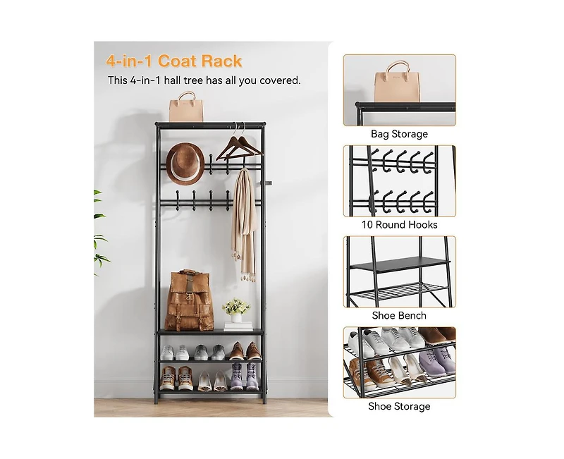 gaomon Coat Rack Shoe Bench with 10 Hooks, Hall Trees Entryway Bench with Storage, Multifunctional Hallway Organizer