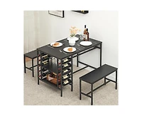 gaomon Dining Table Set for 4, Kitchen Table Set for 4 with 2 Benches, Rectangular Dining Room Table Set with Wine Rack & Storage Shelves, 3 Piece Din