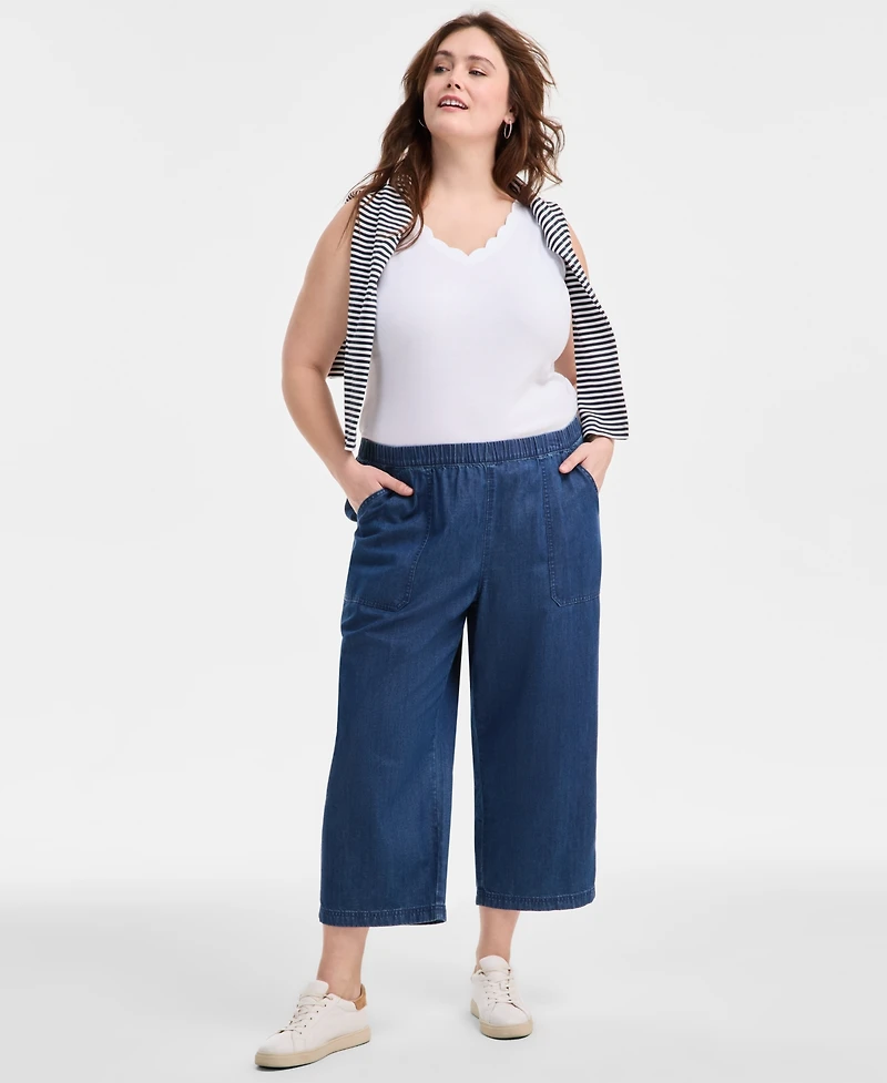 Style & Co Plus Size Chambray Pull-On Cropped Pants, Exclusively at Macy's