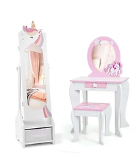 Costway Kids Vanity Set Princess Makeup Dressing Table & Chair Set with Jewelry Armoire