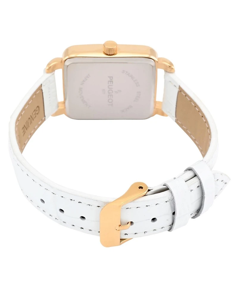 Peugeot Women's 14K Gold Plated Square Dress Watch with European Crystals and White Leather Band