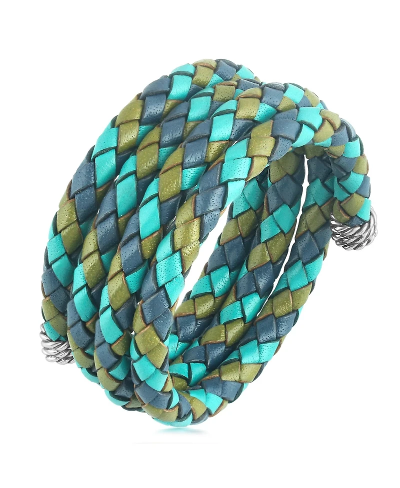 American West Jewelry Sterling Silver Multi-Color Braided Blue, Turquoise and Lime Leather Coil Wrap Bracelet, 34 Inches