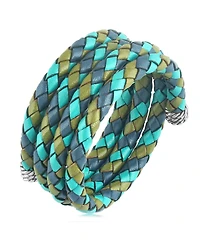 American West Jewelry Sterling Silver Multi-Color Braided Blue, Turquoise and Lime Leather Coil Wrap Bracelet, 34 Inches