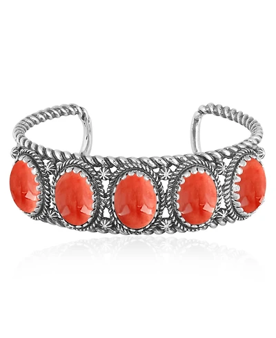 American West Jewelry Sterling Silver Red Spiny Oyster Gemstone Rope Design 5-Stone Cuff Bracelet