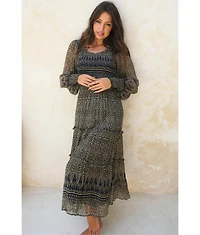 Paneros Clothing Women's Stella Smocked Midi Dress in Navy and Olive Ikat Print